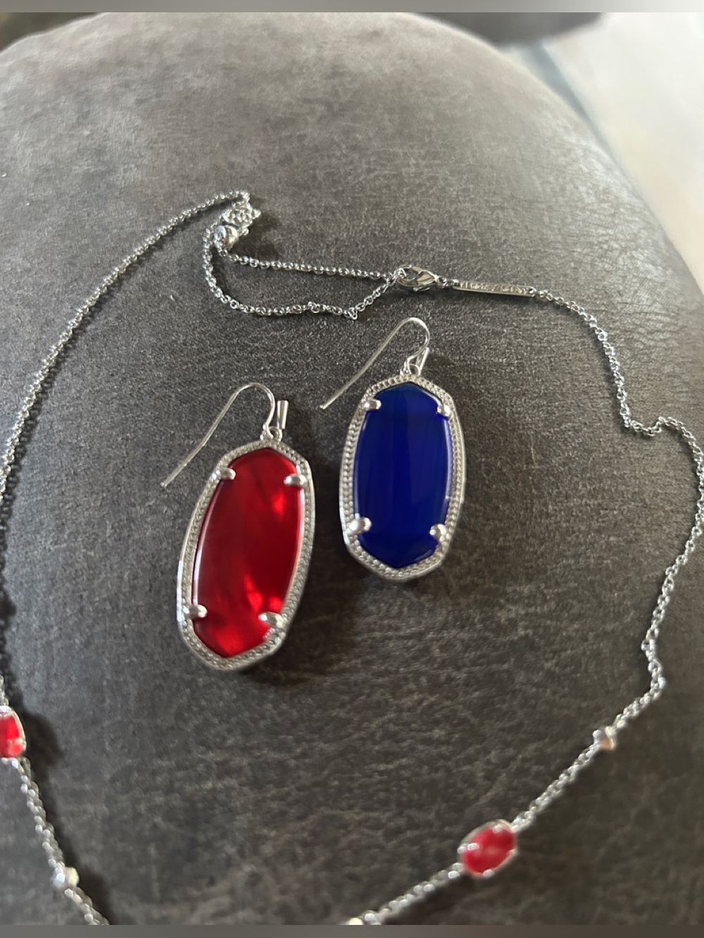 Kendra Scott Silver Drop Earrings with Red and Blue Glass Stones Set
